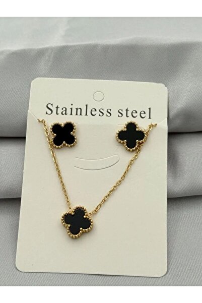 AKSESUARIM Kadın Yonca Figürlü Mineli Çelik Kolye Küpe Set