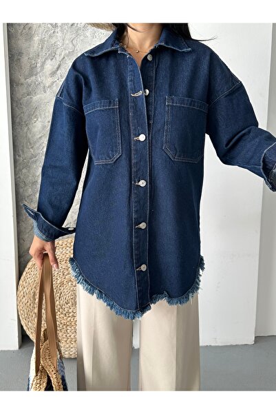 DESTEMODA Women's Denim Jacket Shirt Collar Skirt Tassel Denim Jacket Dark Blue 4512