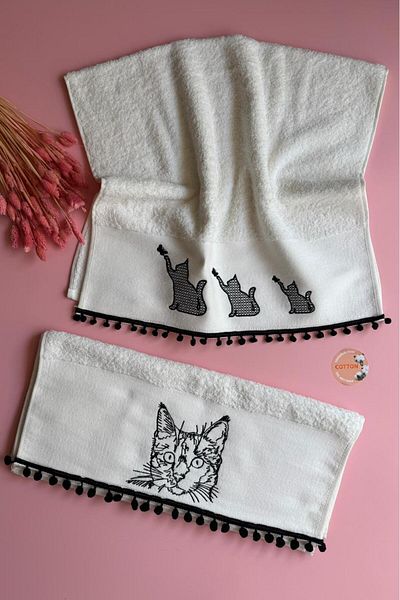 Narma Home Africa Cat and Bird |   3-Piece Embroidered Hand Towels – 100% Cotton, Stylish, Ethnic Design Towel Set (50X90 cm)