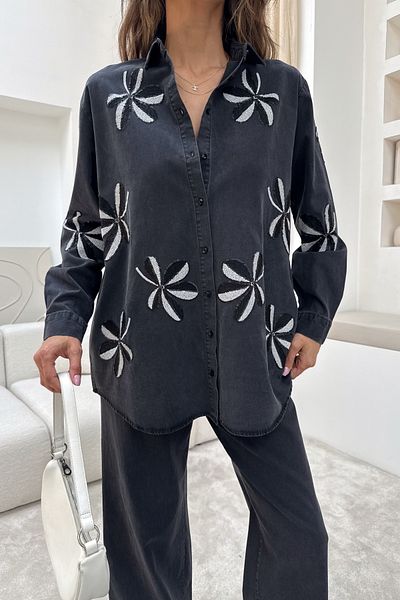 MİA NOURA Women's Tansel Denim Fabric Shirt Front Back Sleeve Embroidered Shirt Standard Pants Fitted Suit