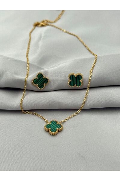 AKSESUARIM Kadın Yonca Figürlü Mineli Çelik Kolye Küpe Set