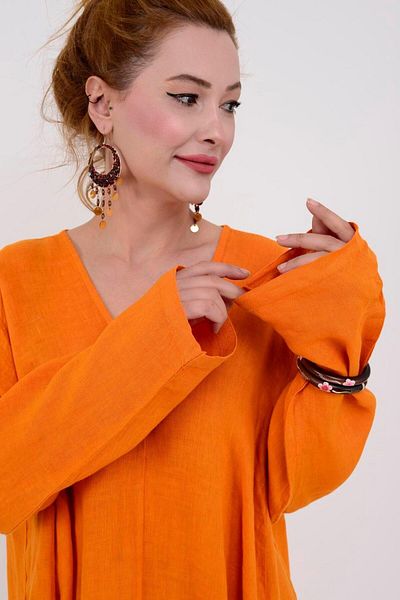 EREN STYLE Italian V-neck Long Sleeve Linen Dress