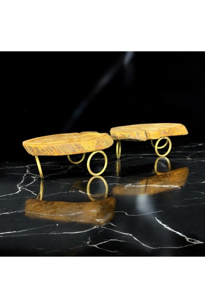 Home Zeytin Ağacı Kahve Sunum Tabağı 2’li Set – Gold Ayaklı Doğal Ahşap Barda...