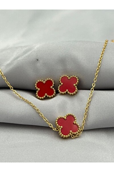 AKSESUARIM Kadın Yonca Figürlü Mineli Çelik Kolye Küpe Set