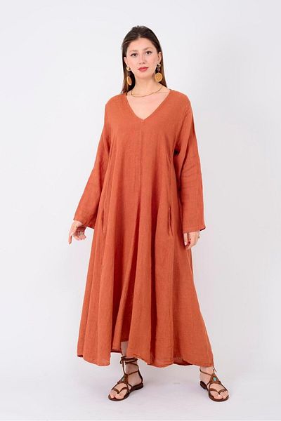 EREN STYLE Italian V-neck Long Sleeve Linen Dress