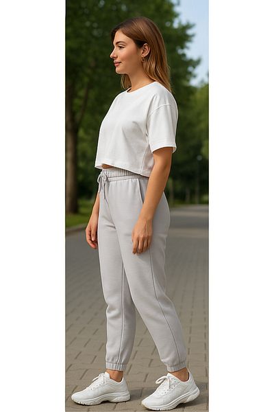 FHELIA Women's 100% Cotton Crop Oversize T-Shirt Single Bottom Jogger Pants 2-Piece Combination