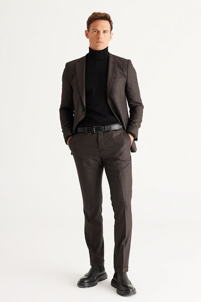 AC&Co / Altınyıldız Classics Ανδρικό καφέ-γκρι Slim Fit Slim Fit μονόχρωμο κοστούμι με μοτίβο γιακά