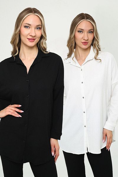 ELLEGANT 2 Pack Women's Black and White Wrinkle Shirt - Oversize Crinkle Textured Shirt Collar