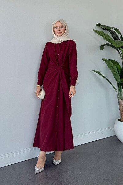Hazamoda فستان مربوط سعيد باللون الأحمر الداكن