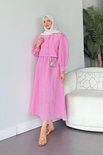 Şulemoda Giyim فستان ماليبو مخطط باللون الوردي الفاتح