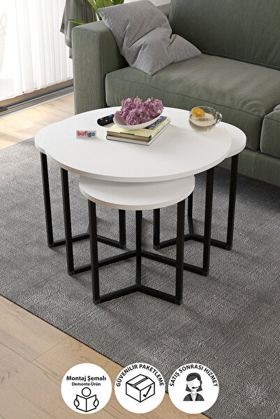 Bofigo 4lü Orta Sehpa Yan Sehpa Dekoratif Sehpa Metal Sehpa Yonca Beyaz