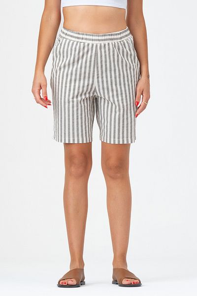 Bold & Young Pantaloni scurți din bumbac cu dungi pentru femei, cu buzunare și talie elastică