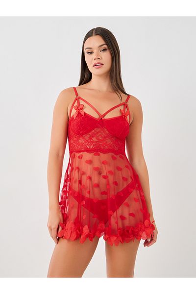 Styli Apex Strap Heart Pattern Mesh Babydoll with Briefs