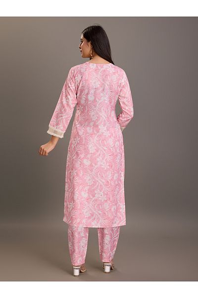 DW By Styli Floral Printed Linen Straight Kurta and Trousers Set