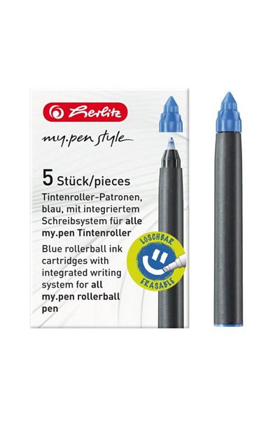 Herlitz My.pen Roller Refill, Material Plastic, Ink Color Blue, Set of 5, Blister Pack