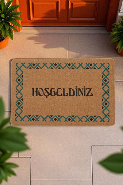 Hoşgeldiniz Baskılı Kapı Önü Paspası Kaymaz Taban 45x70 cm Etnik Çerçeve Desen