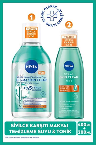 NIVEA Derma Skin Clear Karşıtı Tonik 200ml ve Micellar Makyaj Temizleme Suyu 400ml, Niasinamid, PH