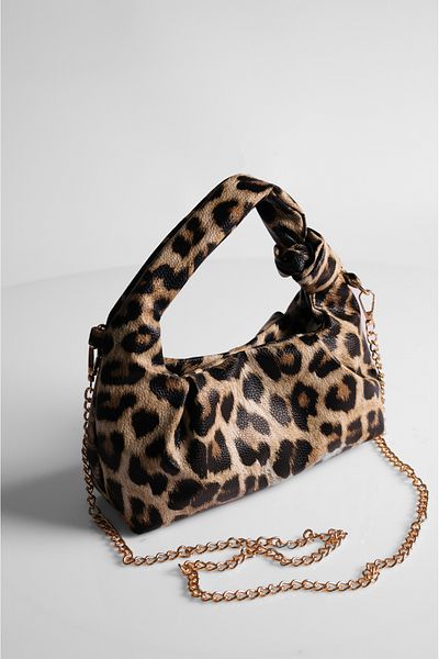 DENSİLA Women's Tan Leopard Patterned Mini Chain Hand and Shoulder Bag