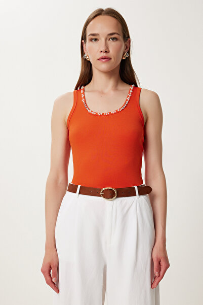 Lovelyİstanbul Pack of 2 Pearl Stone Detailed Ribbed Knitted Undershirt Lpb0005 Orange Pink