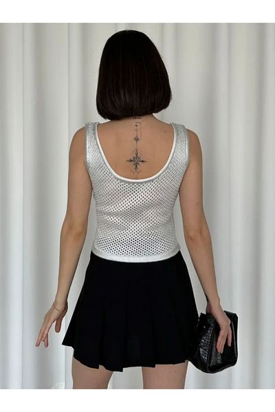 My Blog Tricou ajurat cu imprimeu cu folie ecru-argintiu - 4272