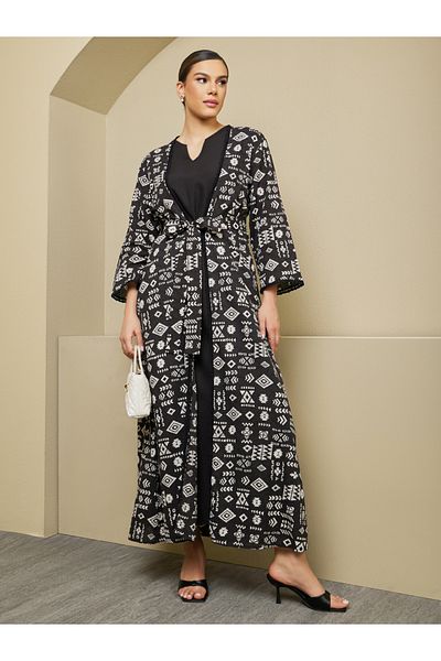 Styli All-Over Print Belted Abaya with Inner Dress Set