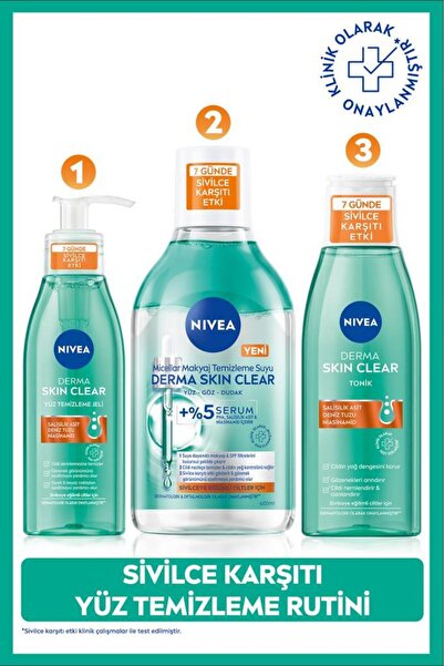NIVEA Derma Skin Clear Karşıtı Yüz Temizleme Jeli 150ml, Makyaj Temizleme Suyu 400ml Ve Tonik200ml