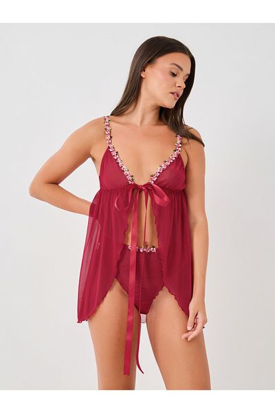Styli Floral Lace Edge Detail Front Open Babydoll with Briefs