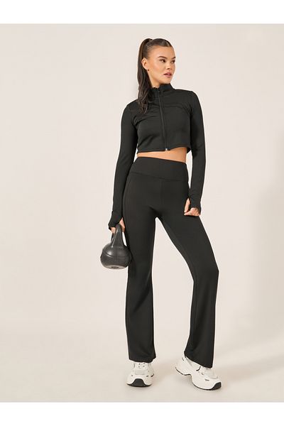 Styli Black Solid Crop Jacket and Leggings Set for Women