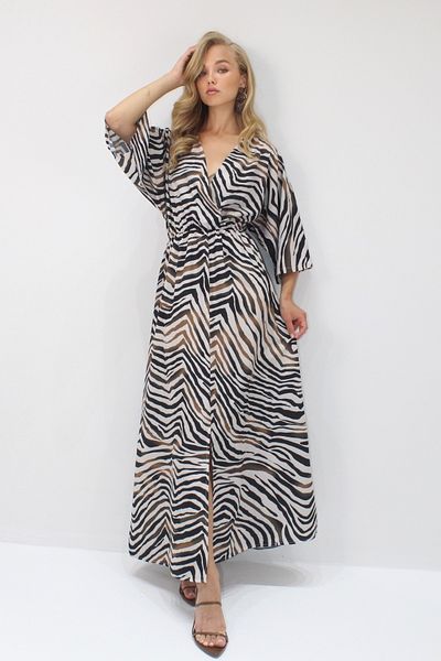 VAGGON Caramel-Black Double Breasted Collar Elastic Waist Bat Sleeve Slit Detailed Maxi Dress