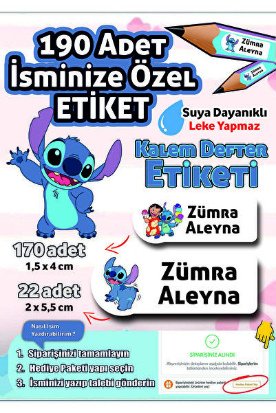 Joyygift Stitch kalem defter kitap okul etiketi isme özel etiket isimli etike...