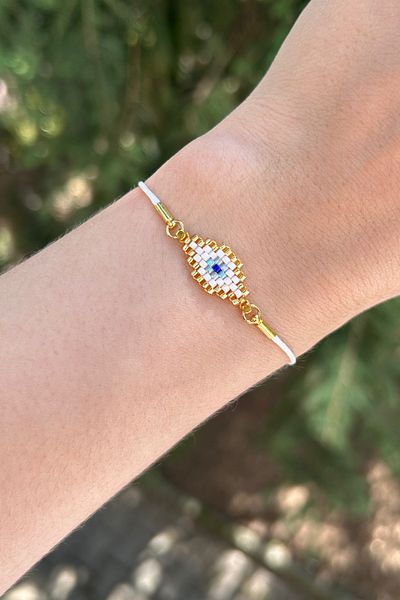 White Jewelry Design سوار عين الشر مصنوع يدويًا من خرز ميوكي - حبل جلدي قابل للتعديل
