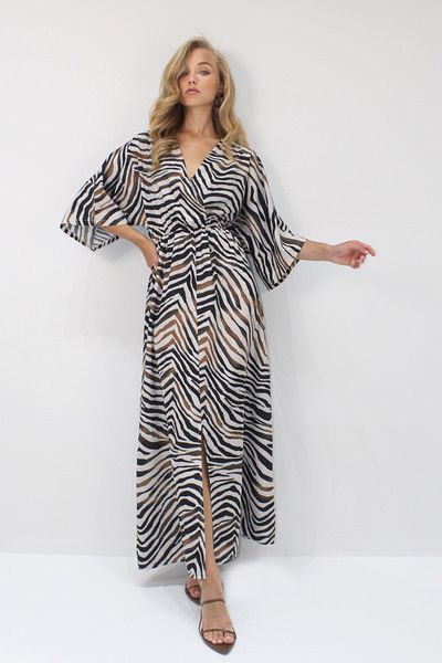 VAGGON Caramel-Black Double Breasted Collar Elastic Waist Bat Sleeve Slit Detailed Maxi Dress