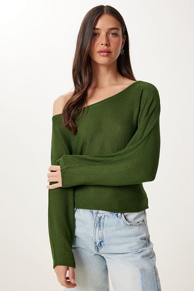 Lovelyİstanbul Boat Neck Seasonal Knitwear Blouse Lub0133 Khaki