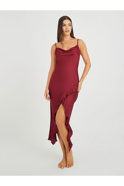 Styli Cowl Neck Ruffle Detail Satin Slip Dress