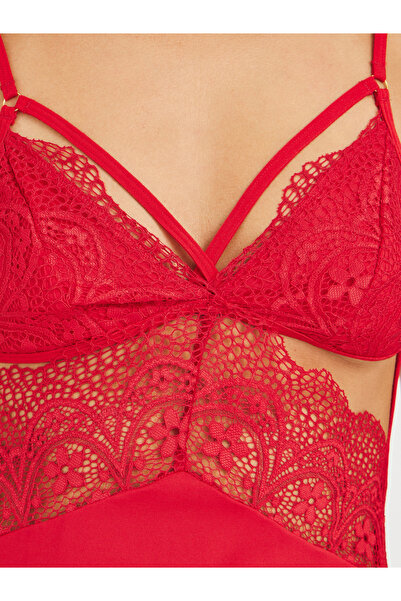 Styli Lace Trim Cut Out Waist Satin Slip Dress