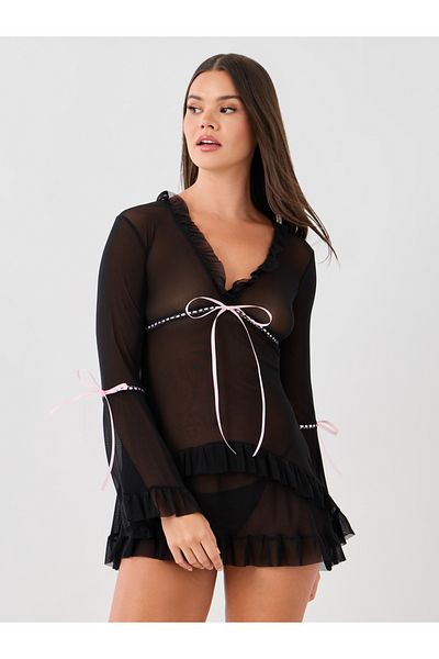 Styli Ruffle and Bow Detail Bell Sleeves Slip with Briefs