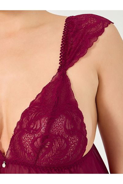 Styli Low Back Lace Cup Mesh Babydoll and Thong