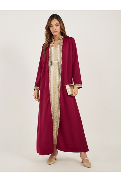 Styli Lace Trim Collared Belted Satin Abaya with Inner Dress
