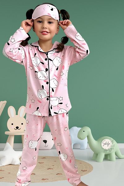 Zekalya Cute Dog Pattern Shirt Collar Pink Girls Pajamas Set