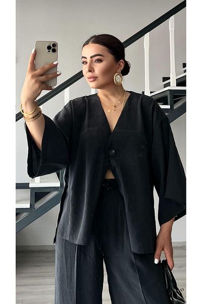 Oslove Black Tnsel Single Button Blouse-Pants Suit