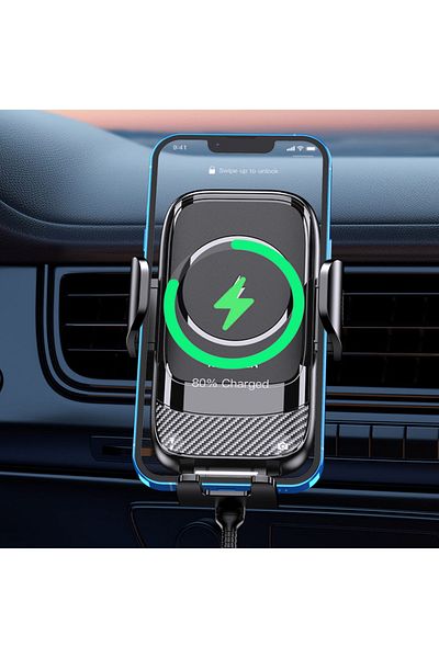 REDz Accessories Suport auto cu încărcare wireless de 15W, KSC-1158, montare cu clemă, ventilație, rotativ, negru