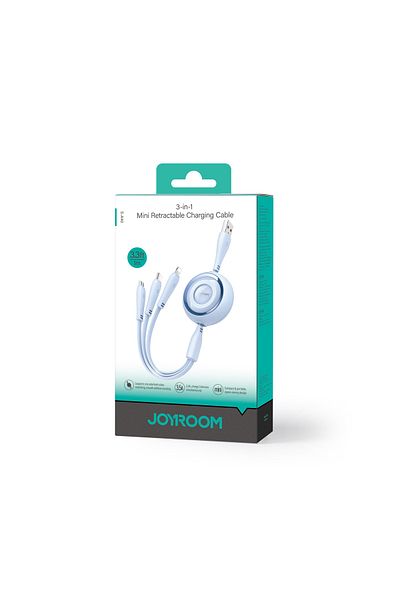 Joyroom Cablu retractabil USB-A la USB-C / iPhone Lightning / microUSB 3 în 1 Colorful Series, 1 m, albastru
