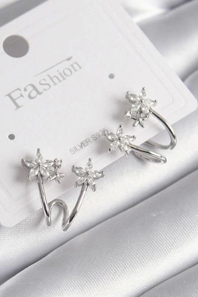 ALFA AKSESUAR 03 Brass Silver Color Zircon Stone Flower Model Women's Earrings - Tj-Bkp9746