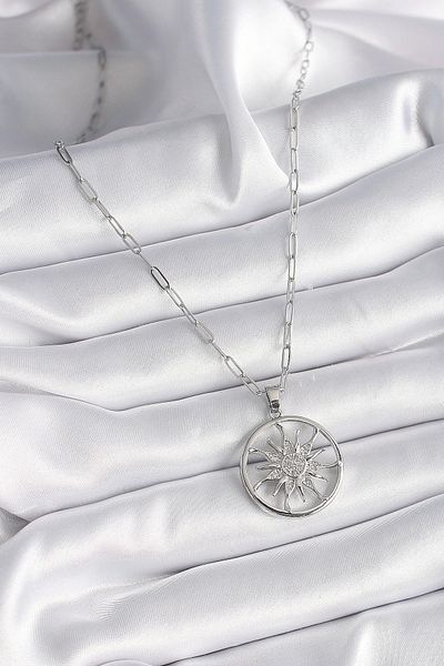 ALFA AKSESUAR 03 316L Steel Silver Color Zircon Stone Sun Medallion Model Women's Necklace - Tj-Bko9529