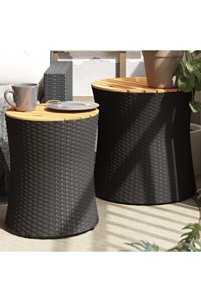 vidaxl طاولات جانبية للحديقة من قطعتين مع سطح خشبي من البولي راتان الأسود