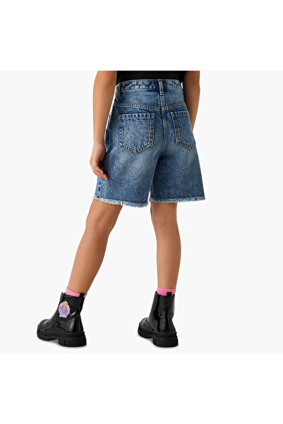 Juniors Solid Denim Shorts with Pockets and Frayed Hem