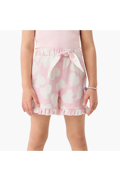 Juniors All-Over Heart Print Shorts with Elasticated Waistband and Frill Detail