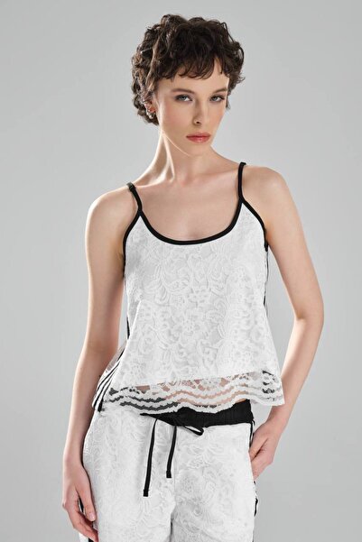 tw3 Women's Lace Side Stripe Detailed Design Strap Blouse