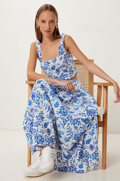 Lovelyİstanbul Patterned Crop Blouse Skirt Woven Suit Lub0130 Blue Ecru