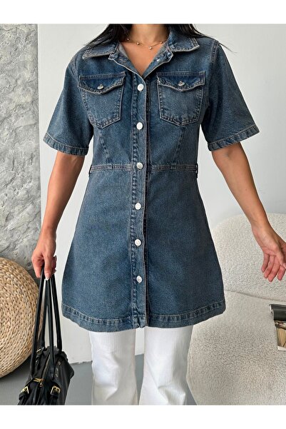 DESTEMODA Women's Shirt Collar Denim Tunic Front Two Pockets Tunic Brown Tint 4507